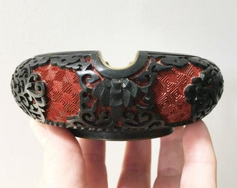 Chinese Cinnabar Ashtray Midcentury Black Red Ashtray Cobalt Blue Interior Brass Vintage Asian Chinoiserie Home Decor