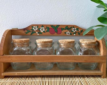 90's Wooden Apple Spice Rack with 4 Cork Lid Glass Jars: Cottagecore Kitchen Storage