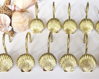 Gold Shower Curtain Hooks Seashells Set of 12 Beach Cottage Coastal Home Decor