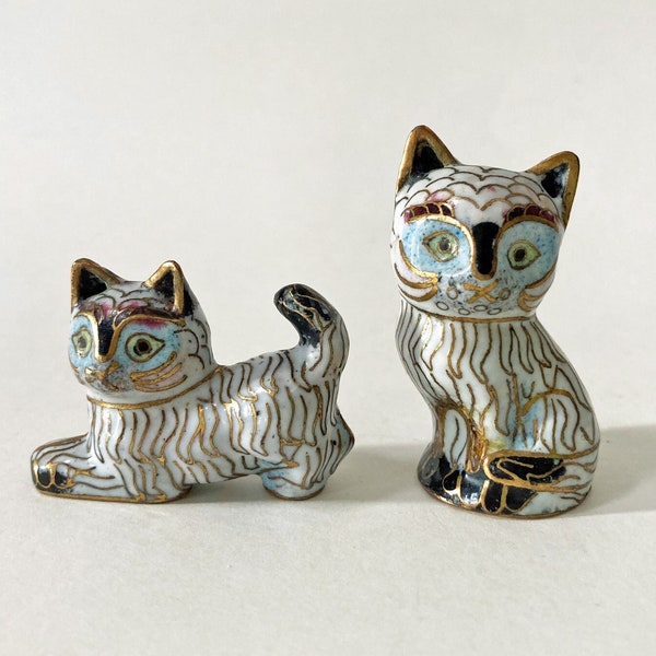 Vintage Cloisonne Miniature Cat Figurines Shadow Box Animal Kitty Modern Pair