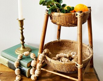 Bamboo Wicker Basket Tiered Stand Fruit Basket, Planter, Countertop Round Bottom Baskets Vintage Boho Storage