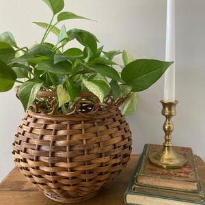 Vintage Wicker Rattan Cache Pot Planter: Round - Unique Ring Rim