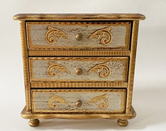 Italian Florentine Musical Jewelry Box Midcentury Wooden Chest Music Box Gold Gilt