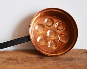 Vintage Copper Pan Egg Poacher Escargot Old World Long Iron Handle French Country Kitchen Decor Copper Cookware Chef Gift