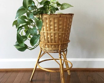 Bamboo Plant Stand with Basket Planter / 2 Piece Plant Stand / Boho / 70's Decor / Indoor Gardening / Apartment Gardening / Lined Planter