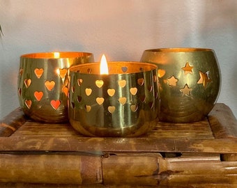 Vintage Brass Votive Candle Holders Your Choice Open Cut Stars and Hearts 70's Mood Lighting Wedding Tealight Holders