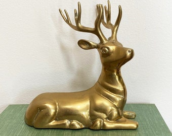 Vintage Brass Deer Sitting Position Classic Statue Figurine Stately Buck 10 Point Antlers Mancave Den Hunting Decor Father's Day Gift