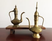 Middle Eastern Brass Pitcher Set of 2 Etched Brass Dallah Pitchers Boho Brass Home Decor Marked India Old World Charm