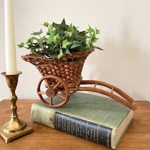 60's Wicker Basket Cart Planter on Rolling Wheels for Houseplant Succulent from Madeira Island