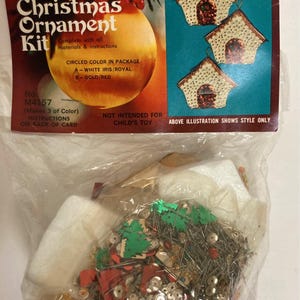 May include: A Walco Christmas Ornament Kit in a plastic bag containing white foam shapes, green tree-shaped cutouts, red and gold sequins, and metal pins. The header card features the text Christmas Ornament Kit and illustrations of three finished house-shaped ornaments.