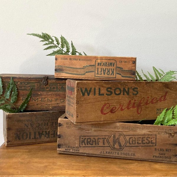 Vintage Wooden Kraft Cheese Box: Long Wood Crate - Country Kitchen Storage -Planter Box
