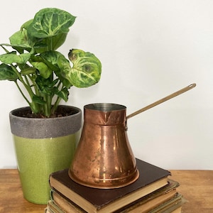 May include: A copper coffee pot with a long brass handle sits atop a stack of old books. A green potted plant with large, patterned leaves is to the left. The pot has a wide base and tapers upwards.