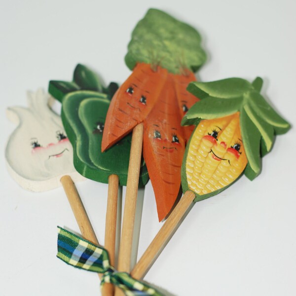 A Collection of Vintage Wooden Anthropomorphic Vegetable Plant Marker Stakes....Happy Veggies