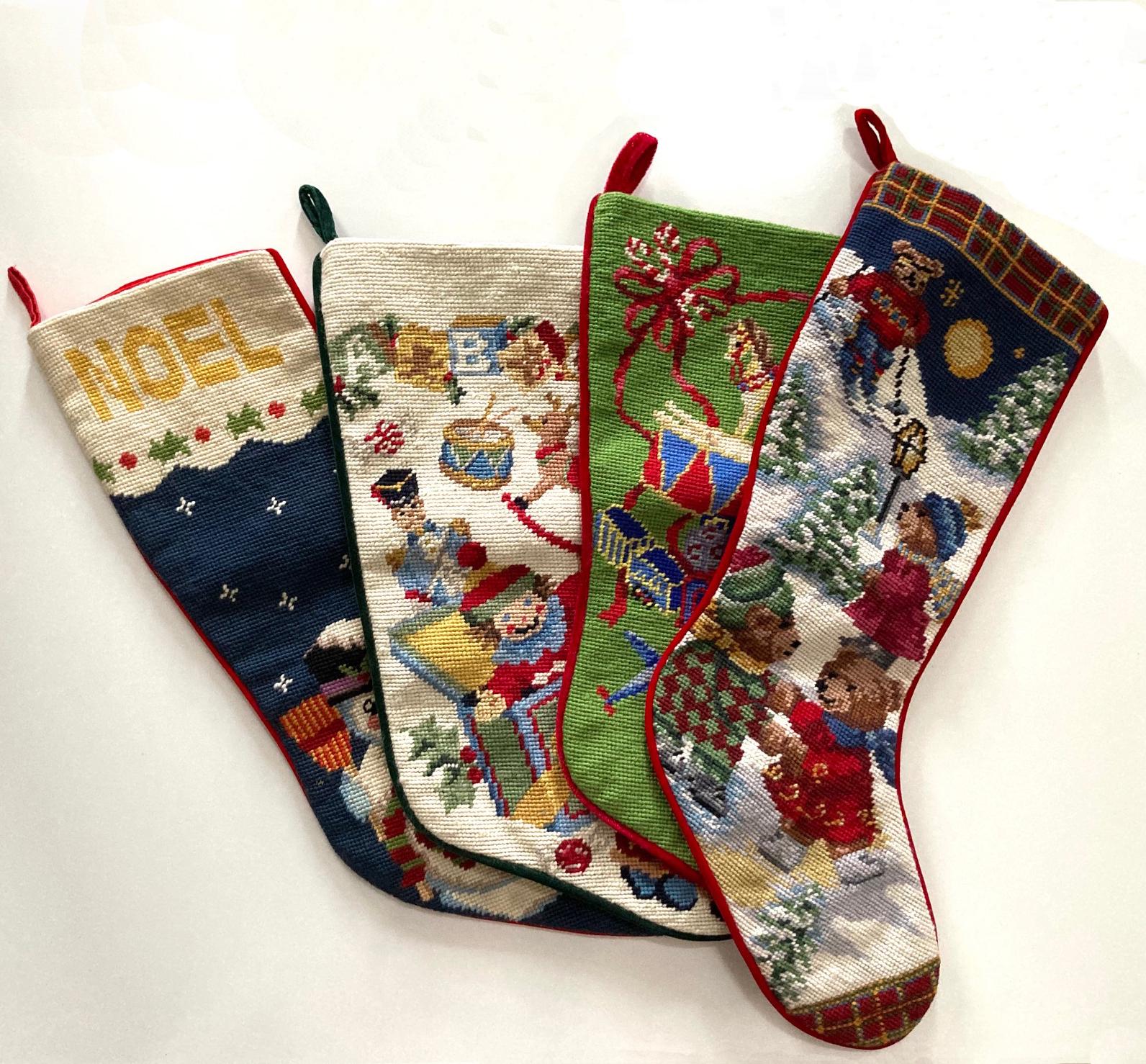Vintage Needlepoint Christmas Stocking: Toys, Teddy Bears, Snowman