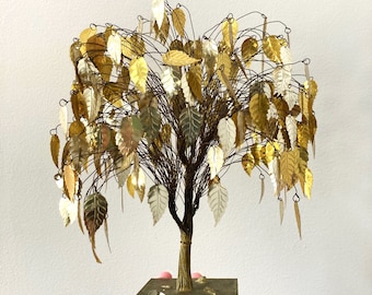 70's Gold Leaf Tree Sculpture Statue Shimmering Gold Leaves Dream Tree Vintage Figurine Conversation Piece