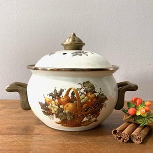 Vintage Potpourri Pot:  Simmering Stove Top Cooker - Brass and Enamel Fruit Design - Aroma Therapy