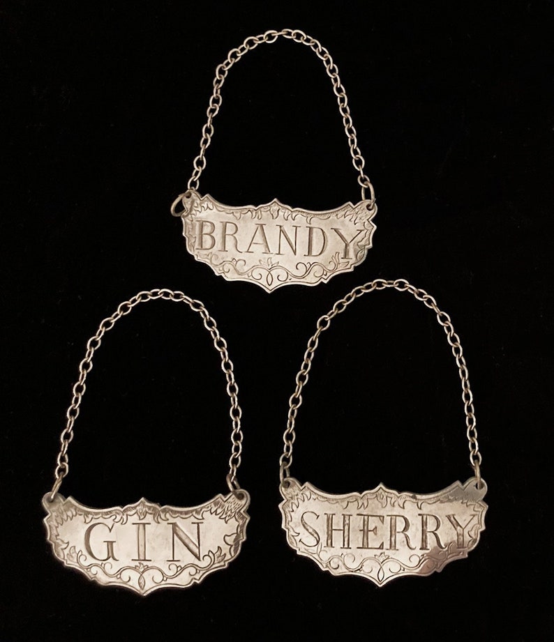 Liquor Decanter Label Pewter Tags Stieff Barware Brandy Gin Sherry Decorative Bottle Name Tags image 1