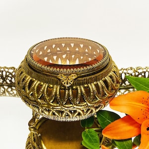 50&#39;s Gold Filigree Jewelry Casket Round Beveled Glass Lid Vanity Box Hollywood Regency