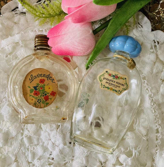 Vintage Rare Perfume Bottles: Lot of 2 Empty - Lavender - Houbigant Quelques Fleurs