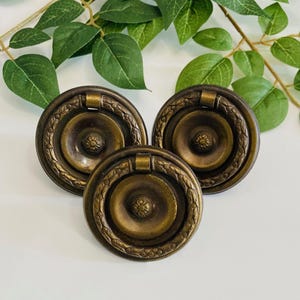 May include: Three antique bronze drawer pulls with a circular design. Each pull features a central floral motif, a decorative outer ring, and a rectangular handle. The pulls are arranged on a white surface with green foliage in the background.