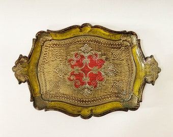 Italian Florentine Tray Decorative Vanity Dresser Tray Gold Red Yellow Made in Italy