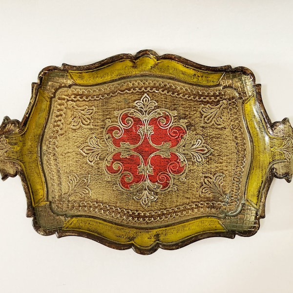 Italian Florentine Tray Decorative Vanity Dresser Tray Gold Red Yellow Made in Italy