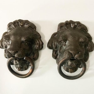 Antique Lion Head Rings Pulls: Cast Metal - Set of 2 - Mantel Clock Parts - Drawer Handles - Hardware