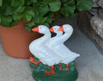 80s Goose Doorstop Porch Decor: Cast Iron Triple Geese Statue - Cottagecore