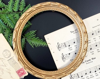 Antique Gold Gilt Frame Round Circle Decorative Cut Design Empty Wall Picture Frame for 6.5" Art Portrait Rare Shape Size Vintage