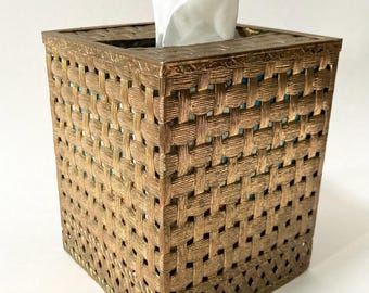 60's Gold Metal Tissue Box Cover: Basket Weave - Filigree