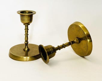 Antique Etched Brass Candlestick Pair: Short - Marked CHINA - Chinoiserie - Oriental Decor