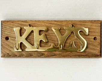 70's Large Wall Key Holder Rack Hook in Large Font Brass & Oak Wood