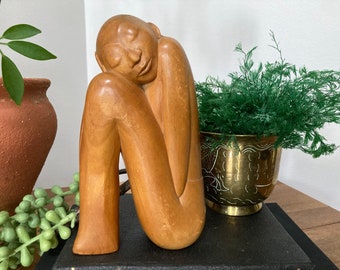 Abstract Wood Carved Female in "N" Shape Pose Bali Indonesian Art Sculpture Woman Figurine Signed