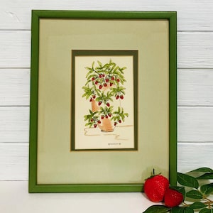 May include: A framed watercolor painting of strawberry plants in terracotta pots. The artwork features green leaves and red strawberries, set against a light background. The frame is a muted green.