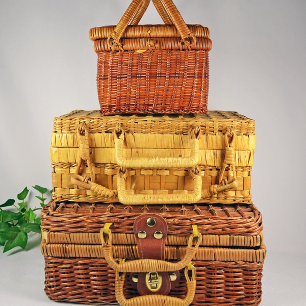 Vintage Collection of 3 Stacked Wicker Storage Baskets....Suitcase Basket....Picnic Baskets