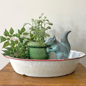 1950's Enamelware Basin Pan: Red Trim - Farmhouse Display Vignette - Country White Bowl