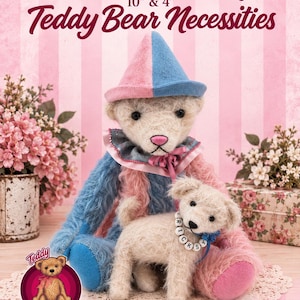 Könnte beinhalten: Ein 25,4 cm großer Teddybär mit rosa-blauem Clownshut und Rüschenkragen, begleitet von einem 10,16 cm großen Bären mit einem Halsband aus TRICKSY-Perlen. Der Text lautet Cosmo & Tricksy 10" & 4" Teddy Bear Necessities.