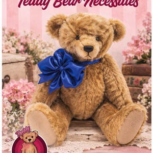 May include: An 18-inch Sandy teddy bear with golden-brown fur, a dark nose, and a large, bright blue satin ribbon tied around its neck. The bear has light tan paw pads and is featured in a promotional graphic with the text 18" SANDY Teddy Bear Necessities.