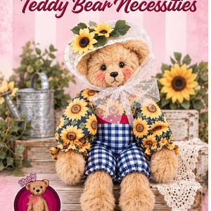 May include: A 48 cm plush teddy bear doll wearing a sunflower-patterned blouse with puffed sleeves and blue and white gingham overalls. The bear has a white lace bonnet adorned with yellow sunflowers and a sheer polka-dot ribbon tie.