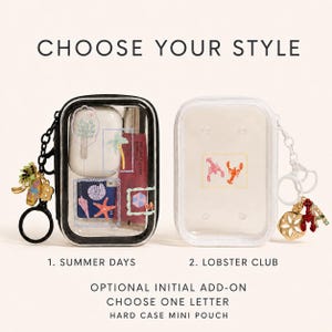 May include: Two hard case mini pouches labeled CHOOSE YOUR STYLE. The left black pouch, SUMMER DAYS, contains a white case, a red tube, and beach-themed decals. The right white pouch, LOBSTER CLUB, features a lobster graphic and a charm keychain.