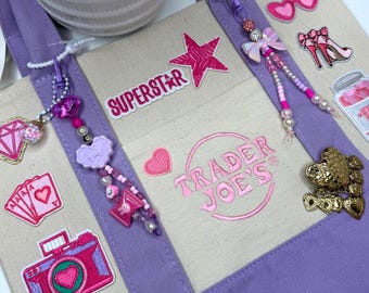 VIRAL Trader Joe's Coquette-style "Pastel Purple PopStar" Tote Bag with 3 Cute Bag Charms & Vintage Heart Brooch | 100% One-of-a-kind Gift