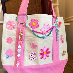 Custom Flower Patch Tote Bag | Y2K Pink Bow Charms, Bag Chains, Key Rings