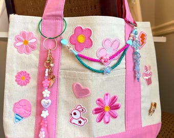 Custom Flower Patch Tote Bag | Y2K Pink Bow Charms, Bag Chains, Key Rings