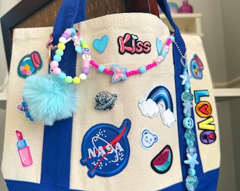 Custom Canvas Tote Bag with NASA Patch, Spaceship Brooch, Beaded Charms