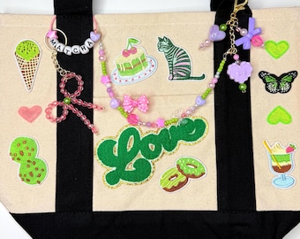 Matcha Girl Canvas Tote Bag with Dessert Patches & Charms