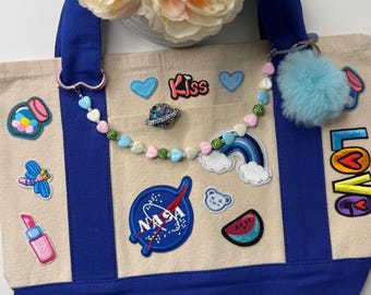 Blue Space-themed Patch Tote Bag with Charms, Rhinestone Pin, Keychain
