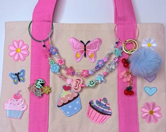 Custom Tote Bag – Pastel Pink, Purple, Blue, Cupcake Patches, Charms, Keychain