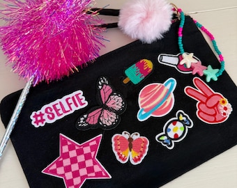 Custom Pouch – One-of-a-Kind Pink Patch Zipper Bag – Tween Gift – Y2K Style Pencil/Makeup Bag