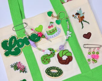Matcha Green Canvas Tote Bag with Charms and Beaded Chains | Unique Tween Accessory