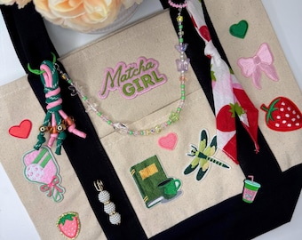 Whimsical Strawberry Matcha Girl Tote Bag with 5 Accessories